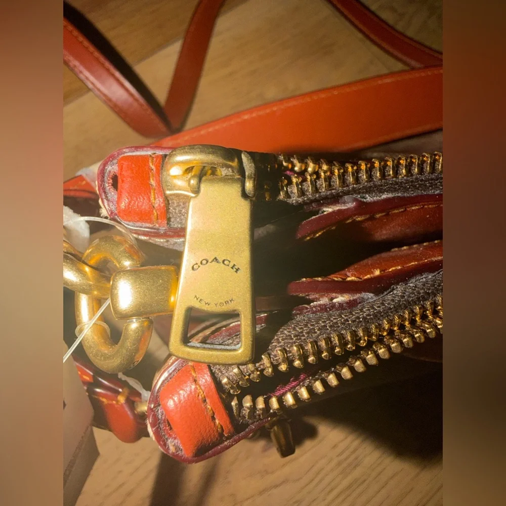 New With Tags Coach Signature Brown Double Zipper Crossbody Bag - Picture 6 of 7